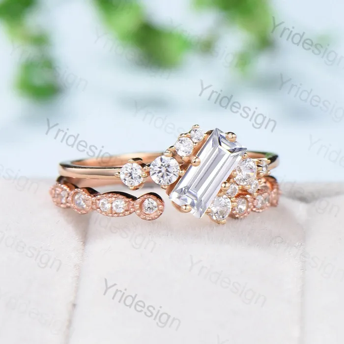 Rings PENFINE Unique Baguette Moissanite Bridal Ring Set Cluster Moissanite Diamond Engagement Ring Stacking Ring Handmade Proposal Gifts for Women Rings PENFINE Unique Baguette Moissanite Bridal Ring Set Cluster Moissanite Diamond Engagement Ring Stacking Ring Handmade Proposal Gifts for Women