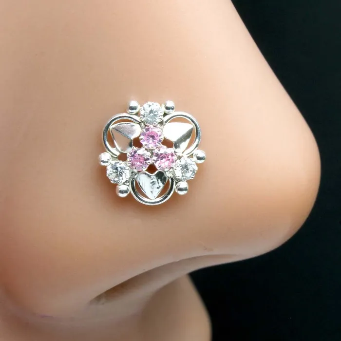 Rings Real Silver Pink White CZ Indian Style Nose ring Push Pin Karizma Jewels