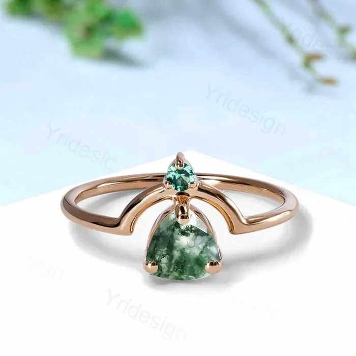 Unique trillion natural green moss agate engagement ring Nestled agate emerald wedding ring art deco curved infinity band anniversary gift PENFINE Rings Unique trillion natural green moss agate engagement ring Nestled agate emerald wedding ring art deco curved infinity band anniversary gift PENFINE Rings
