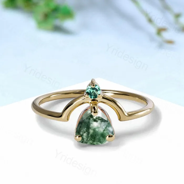 Unique trillion natural green moss agate engagement ring Nestled agate emerald wedding ring art deco curved infinity band anniversary gift PENFINE Rings Unique trillion natural green moss agate engagement ring Nestled agate emerald wedding ring art deco curved infinity band anniversary gift PENFINE Rings