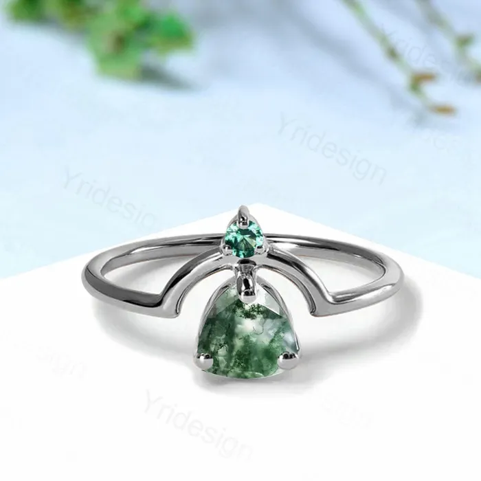 Unique trillion natural green moss agate engagement ring Nestled agate emerald wedding ring art deco curved infinity band anniversary gift PENFINE Rings Unique trillion natural green moss agate engagement ring Nestled agate emerald wedding ring art deco curved infinity band anniversary gift PENFINE Rings