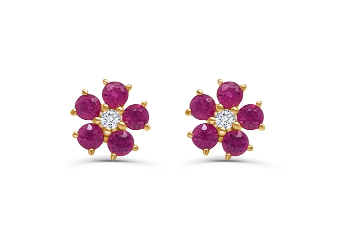 Albert Hern Earrings Earrings 14kt Gold Flowers Rubies Diamonds Studs