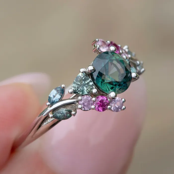 Albrecht Jewellery Enchanted Garden RingTeal Green Sapphire Floral Cluster Engagement Ring 14K Gold Rings
