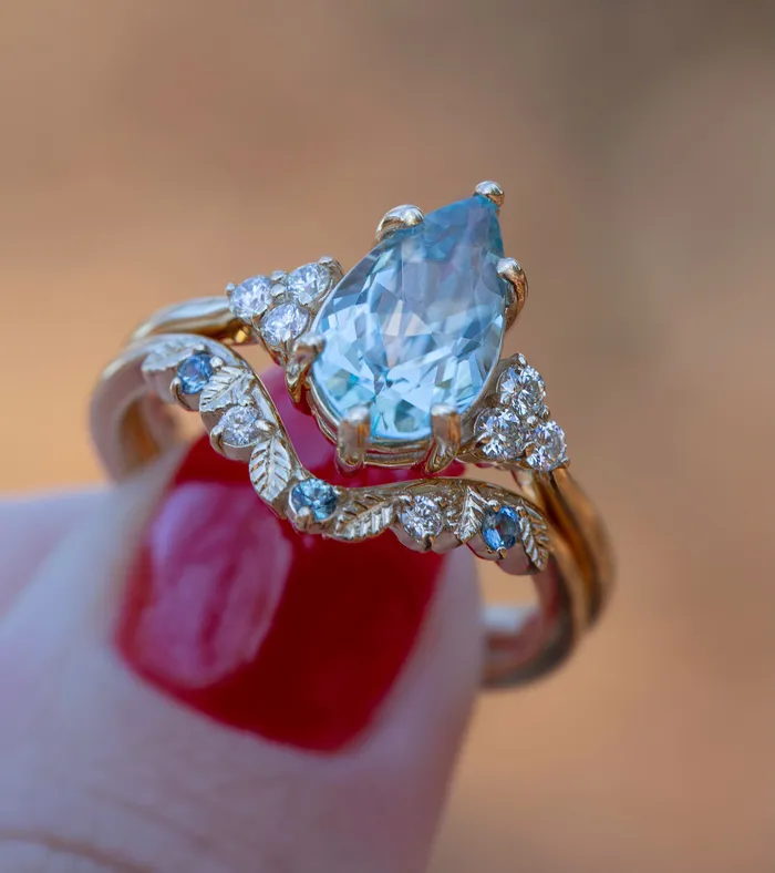 Albrecht Jewellery Rings Aquamarine Engagement Ring w Leaf Wedding Band 14K Rose Gold