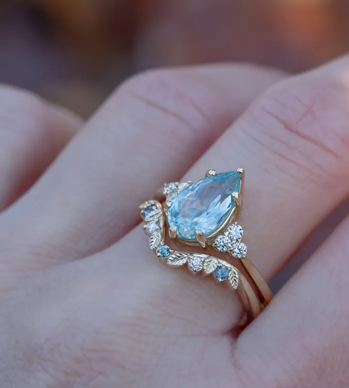 Albrecht Jewellery Rings Aquamarine Engagement Ring w Leaf Wedding Band 14K Rose Gold Albrecht Jewellery Rings Aquamarine Engagement Ring w Leaf Wedding Band 14K Rose Gold