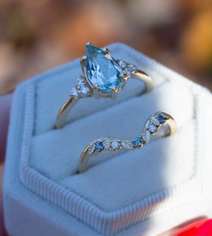 Albrecht Jewellery Rings Aquamarine Engagement Ring w Leaf Wedding Band 14K Rose Gold Albrecht Jewellery Rings Aquamarine Engagement Ring w Leaf Wedding Band 14K Rose Gold
