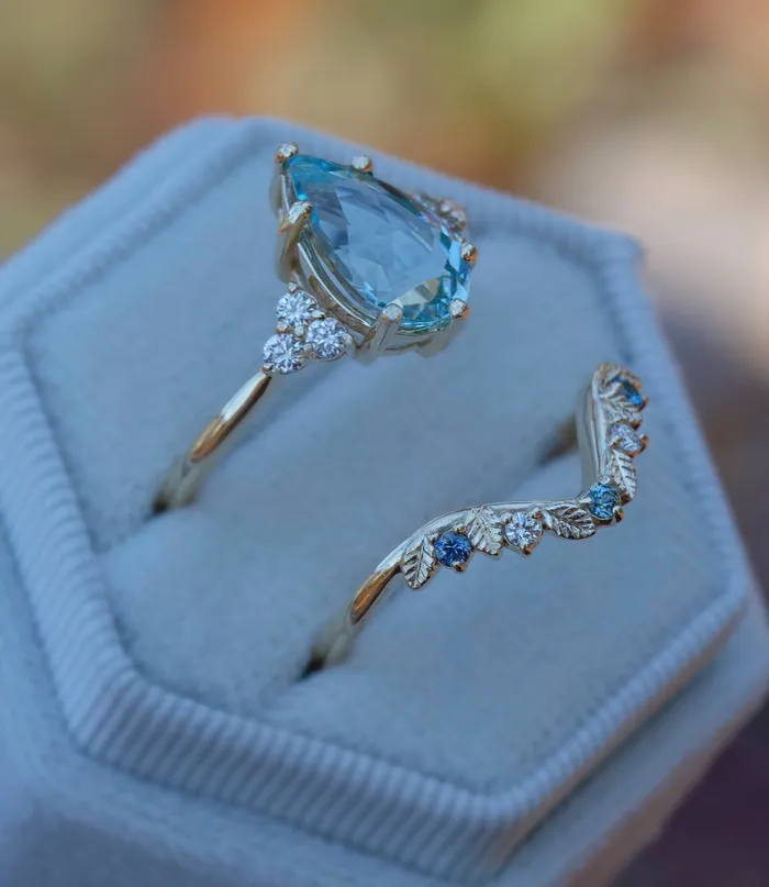 Albrecht Jewellery Rings Aquamarine Engagement Ring w Leaf Wedding Band 14K Rose Gold Albrecht Jewellery Rings Aquamarine Engagement Ring w Leaf Wedding Band 14K Rose Gold