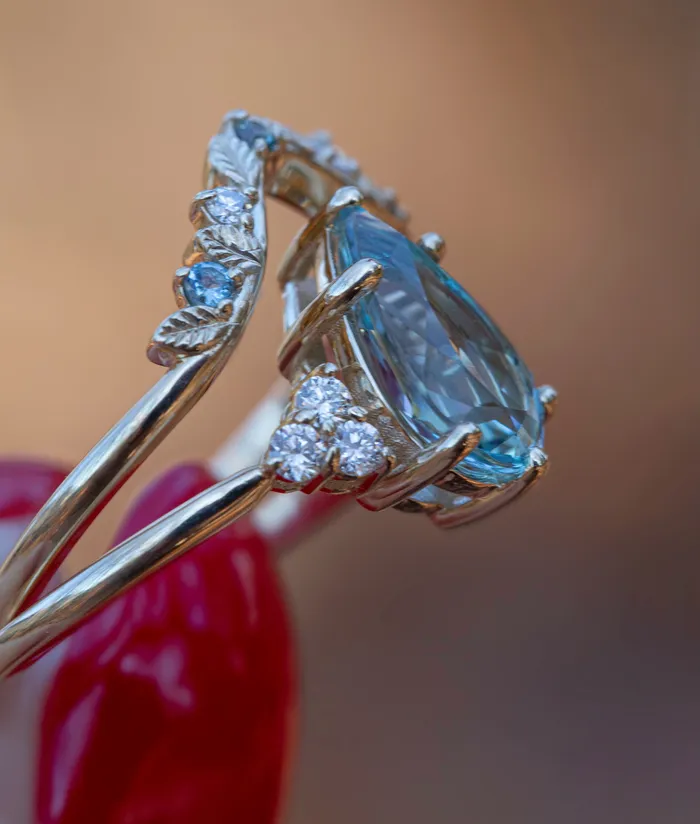Albrecht Jewellery Rings Aquamarine Engagement Ring w Leaf Wedding Band 14K Rose Gold Albrecht Jewellery Rings Aquamarine Engagement Ring w Leaf Wedding Band 14K Rose Gold