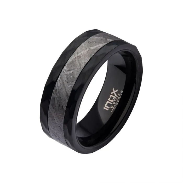 Black Stainless Steel with Genuine Meteorite Inlay Hammered Band Ring INOX JEWELRY Rings