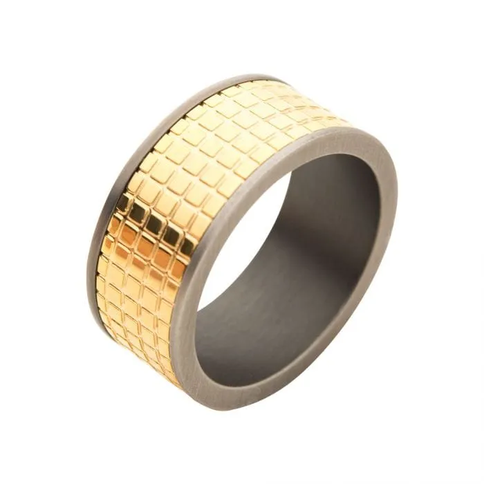 INOX JEWELRY 18K Gold Plated Stainless Steel Gunmetal Border with Grid Inlay Ring Rings