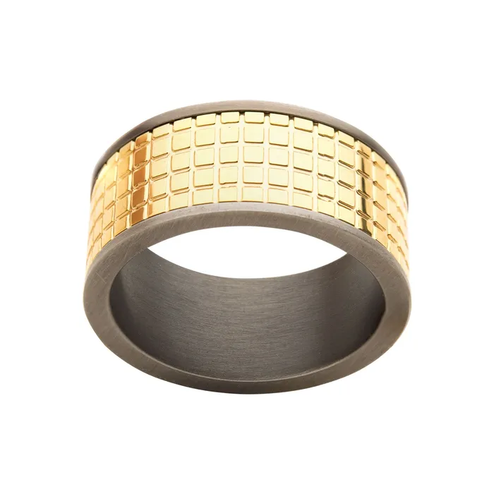 INOX JEWELRY 18K Gold Plated Stainless Steel Gunmetal Border with Grid Inlay Ring Rings