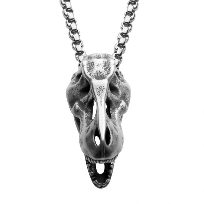 INOX JEWELRY Necklaces Distressed Matte Finish Silver Tone Stainless Steel TRex Skull Pendant with Chain
