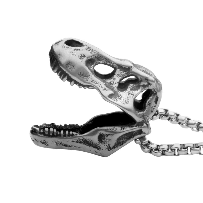 INOX JEWELRY Necklaces Distressed Matte Finish Silver Tone Stainless Steel TRex Skull Pendant with Chain