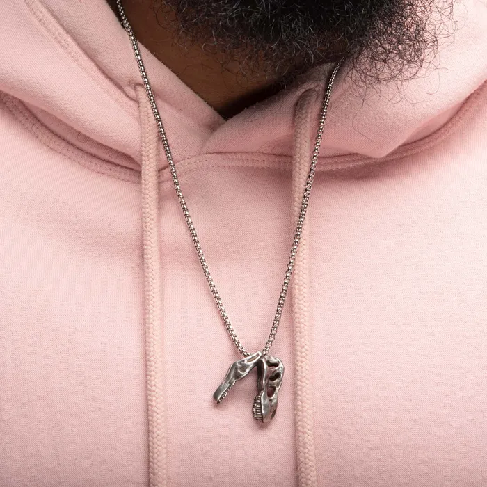 INOX JEWELRY Necklaces Distressed Matte Finish Silver Tone Stainless Steel TRex Skull Pendant with Chain