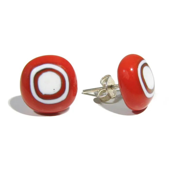 Murano glass round earrings Red and White Single Pearl VN Murrine Earrings
