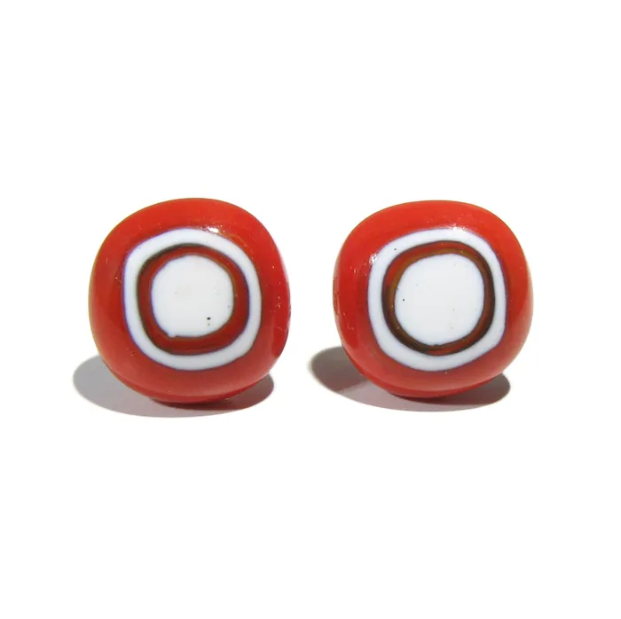 Murano glass round earrings Red and White Single Pearl VN Murrine Earrings