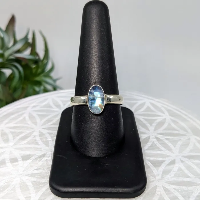 Rainbow Moonstone Sz 95 SS Faceted Ring LV5985 Bliss Crystals Rings