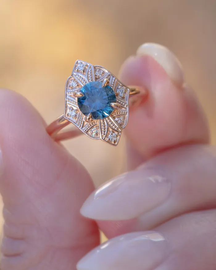 Rings AlbrechtJewellery Art Deco Montana Sapphire Ring 14K GoldArt Deco Engagement Ring VintageTeal Sapphire Engagement Ring