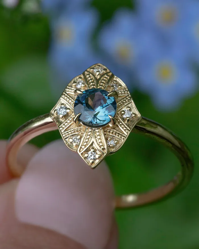 Rings AlbrechtJewellery Art Deco Montana Sapphire Ring 14K GoldArt Deco Engagement Ring VintageTeal Sapphire Engagement Ring