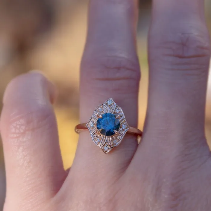 Rings AlbrechtJewellery Art Deco Montana Sapphire Ring 14K GoldArt Deco Engagement Ring VintageTeal Sapphire Engagement Ring