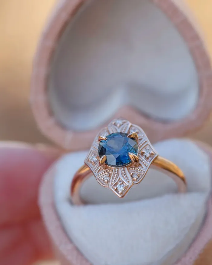 Rings AlbrechtJewellery Art Deco Montana Sapphire Ring 14K GoldArt Deco Engagement Ring VintageTeal Sapphire Engagement Ring