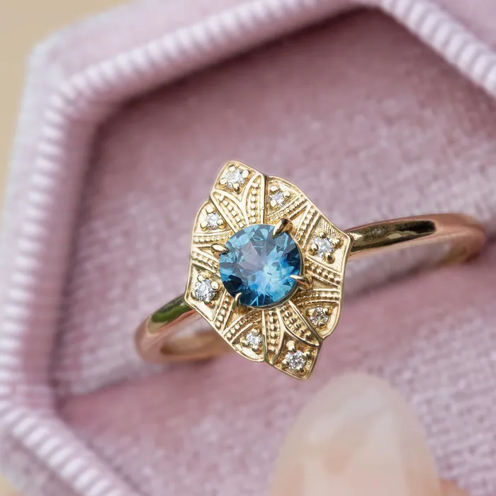 Rings AlbrechtJewellery Art Deco Montana Sapphire Ring 14K GoldArt Deco Engagement Ring VintageTeal Sapphire Engagement Ring