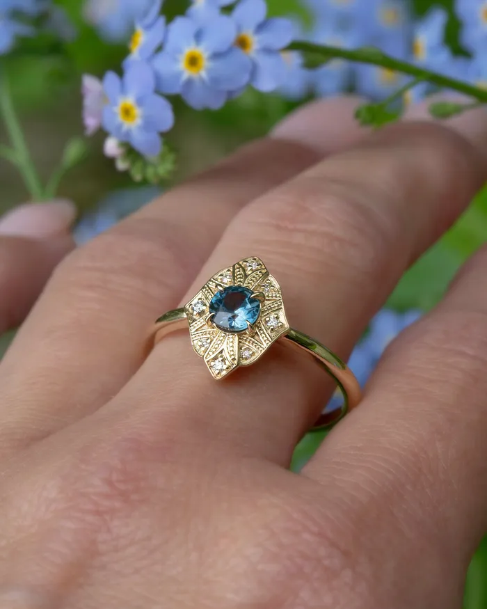 Rings AlbrechtJewellery Art Deco Montana Sapphire Ring 14K GoldArt Deco Engagement Ring VintageTeal Sapphire Engagement Ring