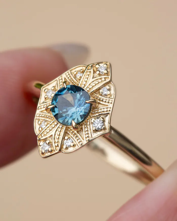Rings AlbrechtJewellery Art Deco Montana Sapphire Ring 14K GoldArt Deco Engagement Ring VintageTeal Sapphire Engagement Ring