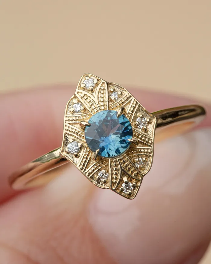 Rings AlbrechtJewellery Art Deco Montana Sapphire Ring 14K GoldArt Deco Engagement Ring VintageTeal Sapphire Engagement Ring