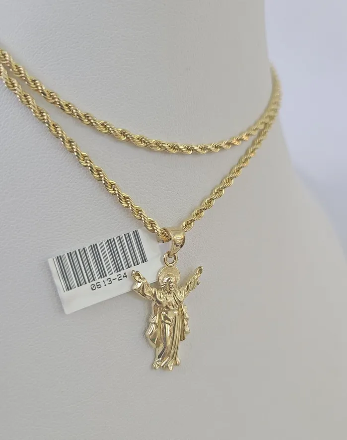 10k 25mm Rope Chain Jesus Pendant 1830 Yellow Gold Set Charm Necklace Gold and Diamond Necklaces