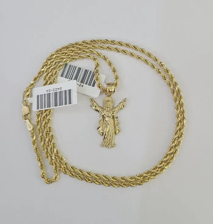 10k 25mm Rope Chain Jesus Pendant 1830 Yellow Gold Set Charm Necklace Gold and Diamond Necklaces