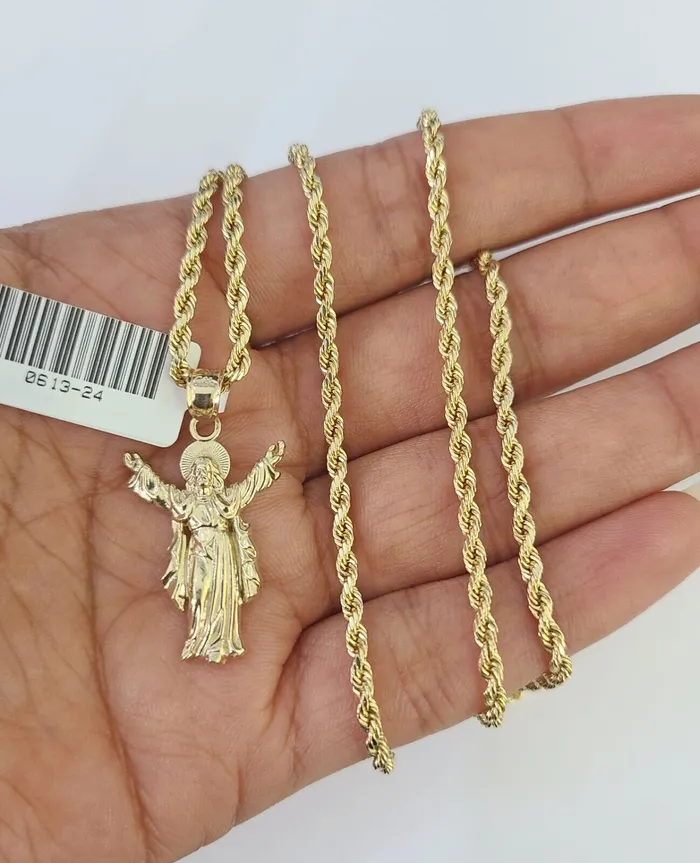 10k 25mm Rope Chain Jesus Pendant 1830 Yellow Gold Set Charm Necklace Gold and Diamond Necklaces