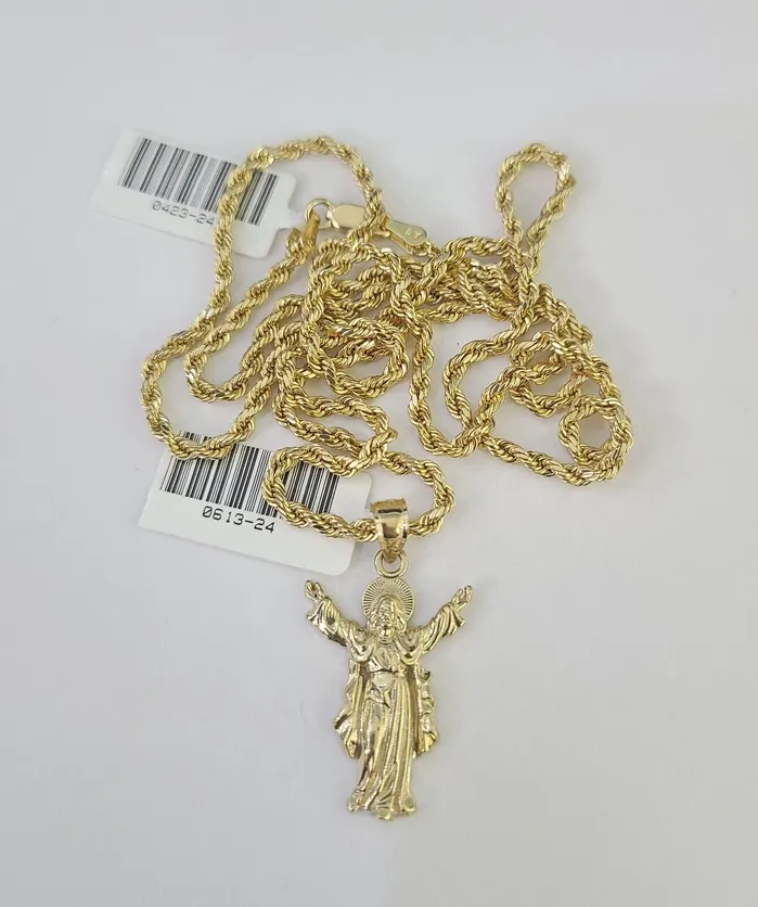 10k 25mm Rope Chain Jesus Pendant 1830 Yellow Gold Set Charm Necklace Gold and Diamond Necklaces