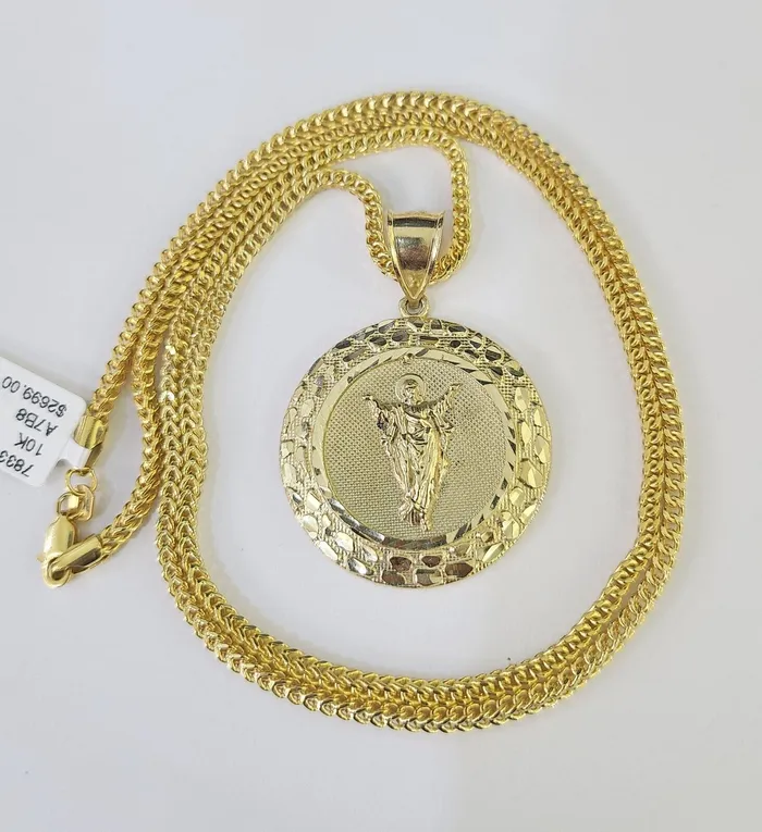 10K Franco Chain Jesus Pendant Charm Necklace 2026 25mm Yellow Gold Gold and Diamond Necklaces