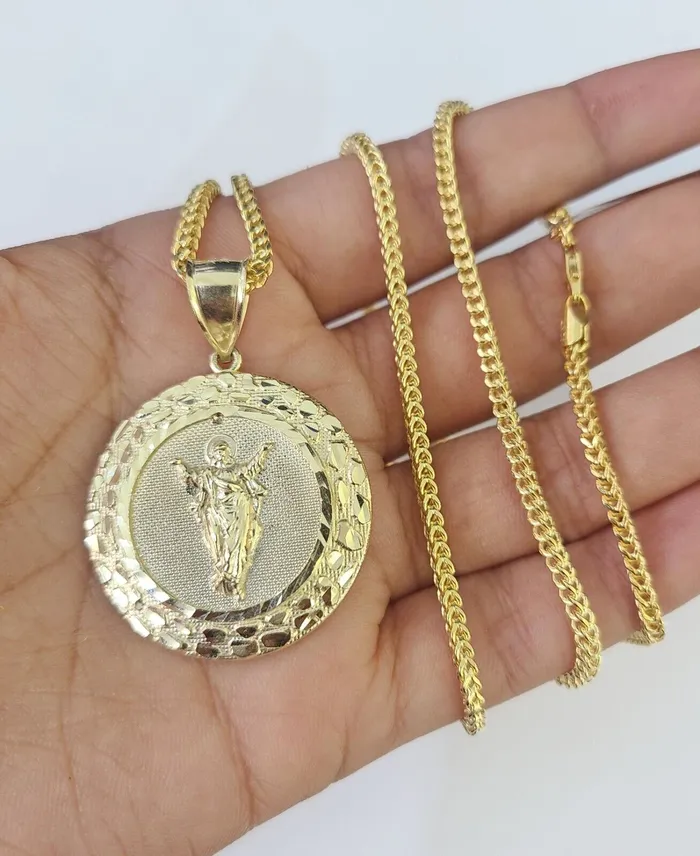 10K Franco Chain Jesus Pendant Charm Necklace 2026 25mm Yellow Gold Gold and Diamond Necklaces