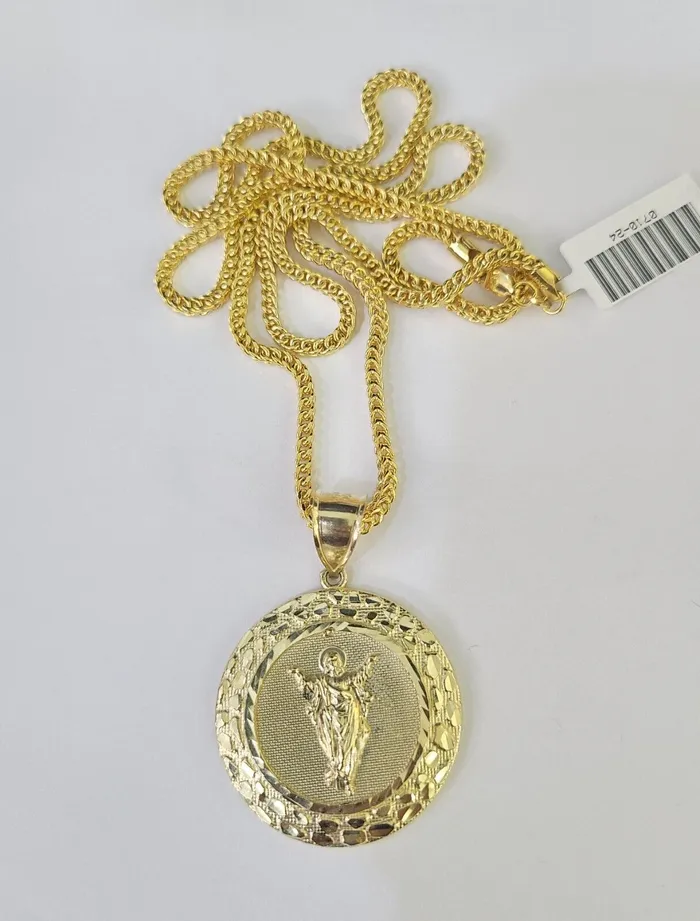 10K Franco Chain Jesus Pendant Charm Necklace 2026 25mm Yellow Gold Gold and Diamond Necklaces