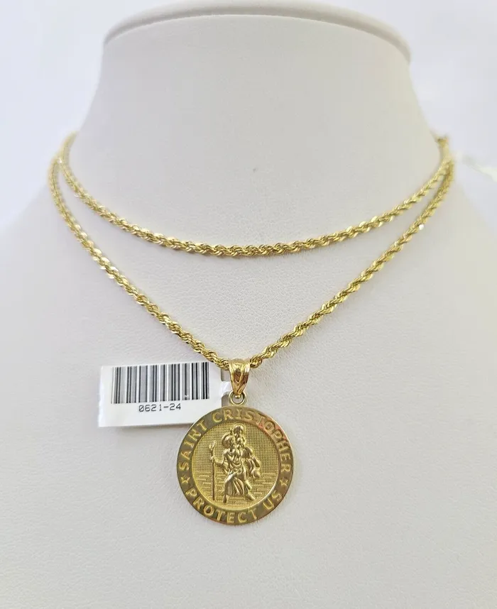 10k Solid Rope Chain 2mm Saint Cristopher Pendant Necklace SET 1822 in Ladies Gold and Diamond Necklaces 10k Solid Rope Chain 2mm Saint Cristopher Pendant Necklace SET 1822 in Ladies Gold and Diamond Necklaces