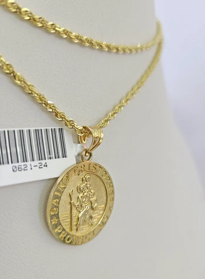 10k Solid Rope Chain 2mm Saint Cristopher Pendant Necklace SET 1822 in Ladies Gold and Diamond Necklaces