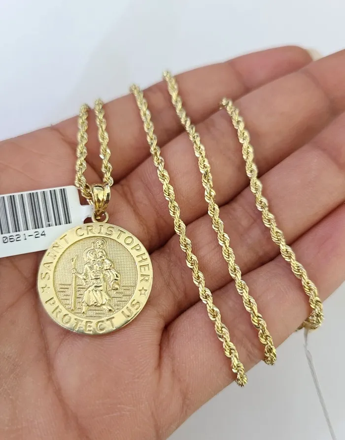 10k Solid Rope Chain 2mm Saint Cristopher Pendant Necklace SET 1822 in Ladies Gold and Diamond Necklaces