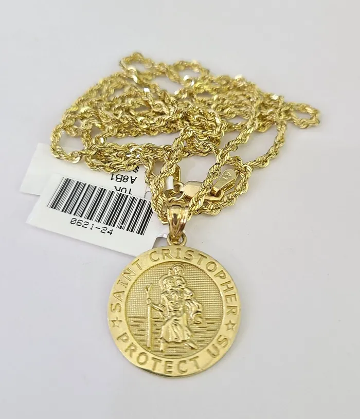 10k Solid Rope Chain 2mm Saint Cristopher Pendant Necklace SET 1822 in Ladies Gold and Diamond Necklaces