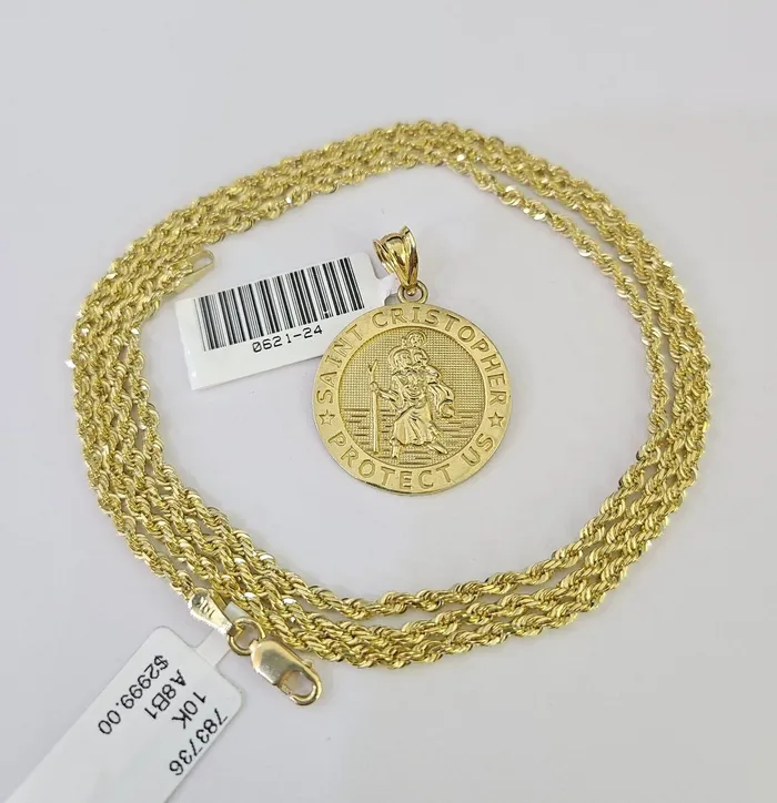10k Solid Rope Chain 2mm Saint Cristopher Pendant Necklace SET 1822 in Ladies Gold and Diamond Necklaces