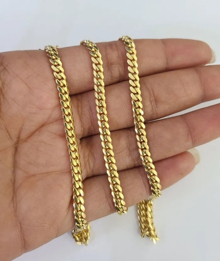 18k Solid Miami Cuban Necklace Chain Yellow Gold 4mm 28 Inch Genuine Real Gold and Diamond Necklaces