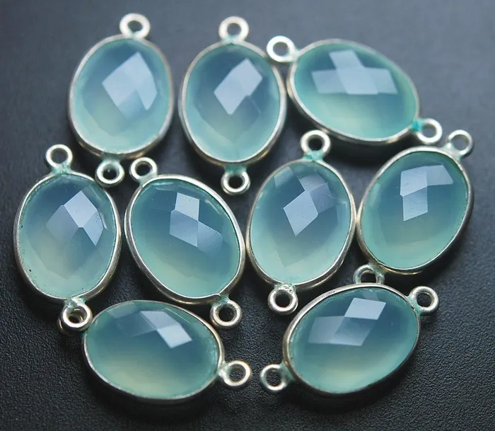 Beads Supplies USA 925 Sterling Silver Aqua Chalcedony Faceted Oval Shape Connector 10 Piece Of 21mm Necklaces