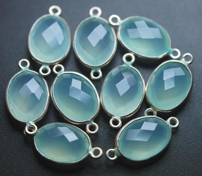 Beads Supplies USA 925 Sterling Silver Aqua Chalcedony Faceted Oval Shape Connector 10 Piece Of 21mm Necklaces