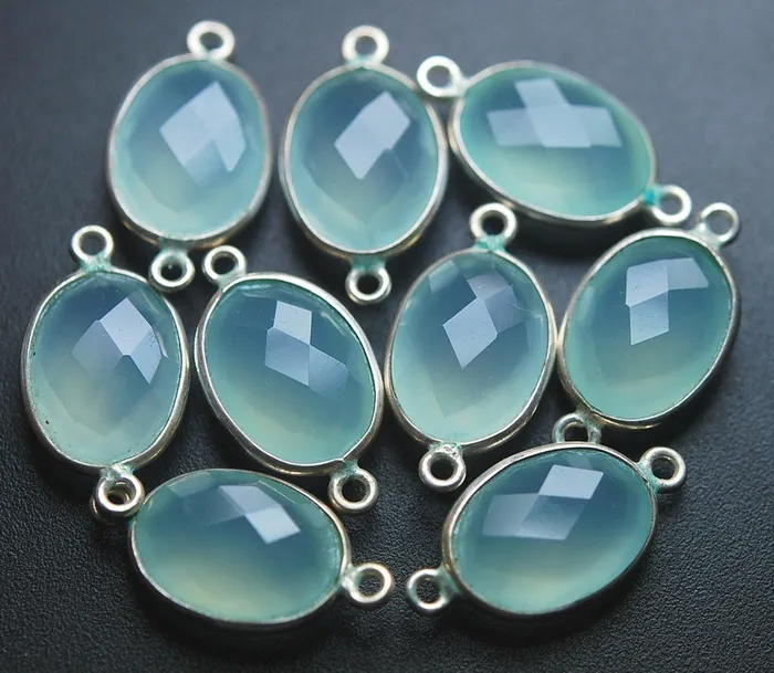Beads Supplies USA 925 Sterling Silver Aqua Chalcedony Faceted Oval Shape Connector 10 Piece Of 21mm Necklaces