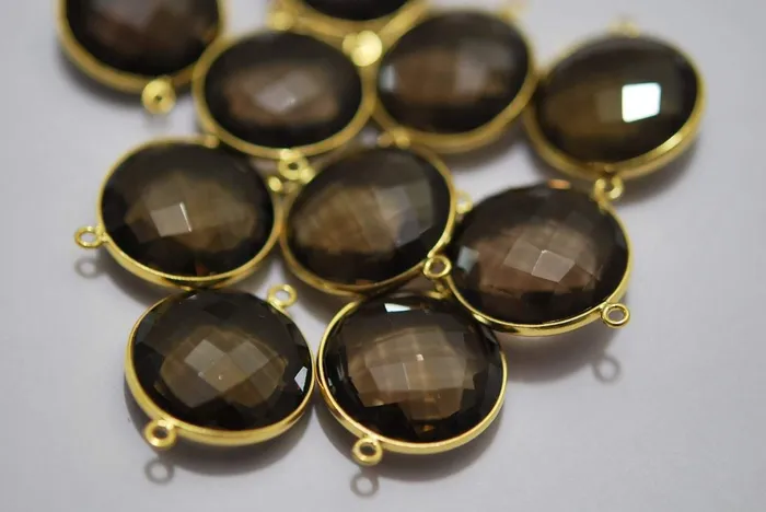 Beads Supplies USA Necklaces 925 Sterling Vermeil SilverSmoky Quartz Faceted Coins Shape Connector 10 Piece Of 26mm