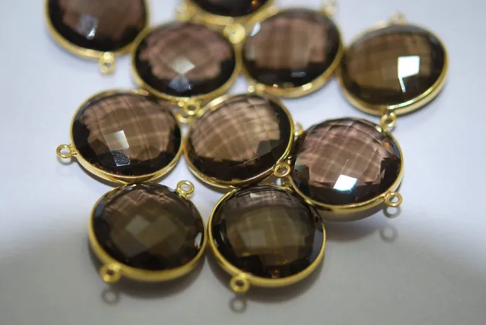 Beads Supplies USA Necklaces 925 Sterling Vermeil SilverSmoky Quartz Faceted Coins Shape Connector 10 Piece Of 26mm