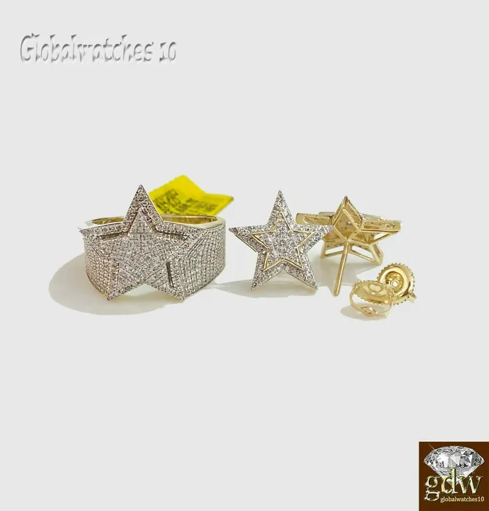 Earrings Gold and Diamond 10k Gold Mens Diamond Ring and Earring Set Star Shaped Ring and Earring Real Earrings Gold and Diamond 10k Gold Mens Diamond Ring and Earring Set Star Shaped Ring and Earring Real