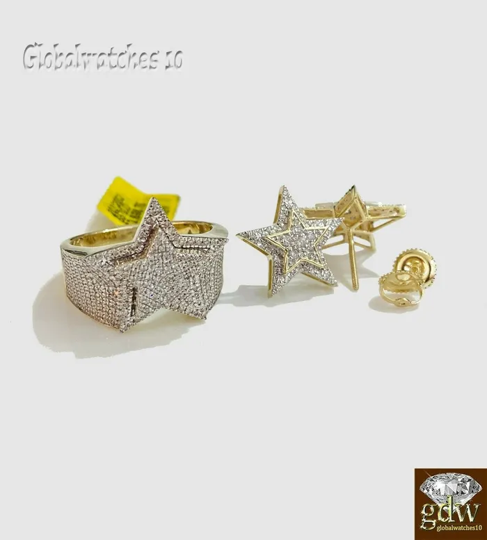 Earrings Gold and Diamond 10k Gold Mens Diamond Ring and Earring Set Star Shaped Ring and Earring Real