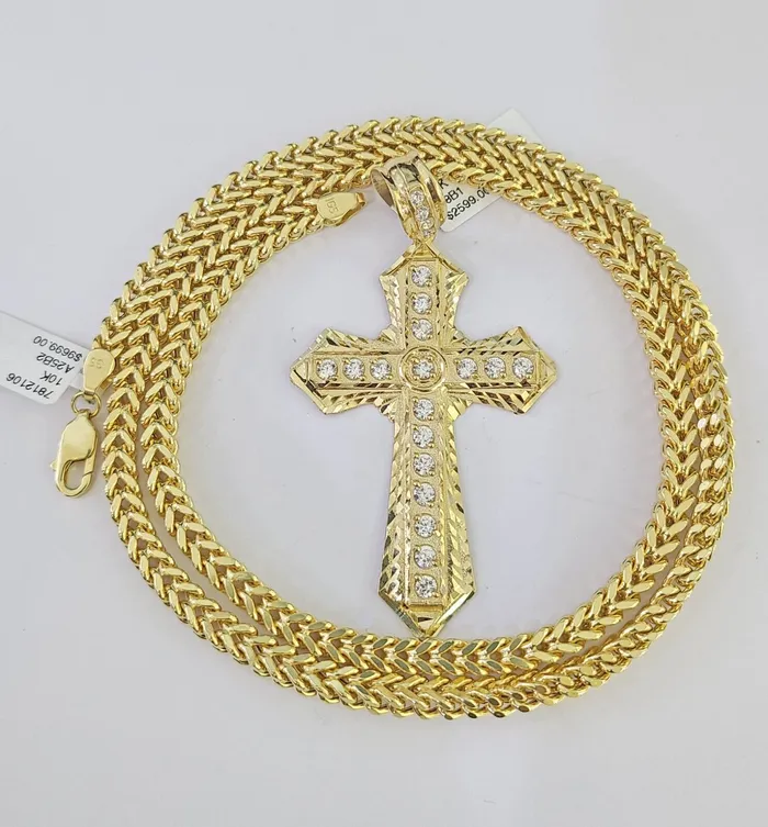 Gold and Diamond Necklaces 10K Franco Chain Jesus Cross Pendant Charm Necklace 2026 5mm Gold SET Yellow